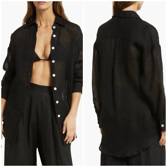 Vitamin A Women’s Playa Oversize Linen Cover-Up Shirt Black Small - Picture 1 of 9